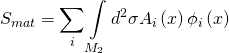 \[{S_{mat}} = \sum\limits_i {\int\limits_{{M_2}} {{d^2}} } \sigma {A_i}\left( x \right){\phi _i}\left( x \right)\]