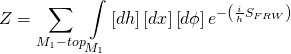 \[Z = \sum\limits_{{M_1} - top} {\int\limits_{{M_1}} {\left[ {dh} \right]} } \left[ {dx} \right]\left[ {d\phi } \right]{e^{ - \left( {\frac{i}{h}{S_{FRW}}} \right)}}\]