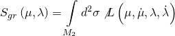 \[{S_{gr}}\left( {\mu ,\lambda } \right) = \int\limits_{{M_2}} {{d^2}} \sigma \not L\left( {\mu ,\dot \mu ,\lambda ,\dot \lambda } \right)\]